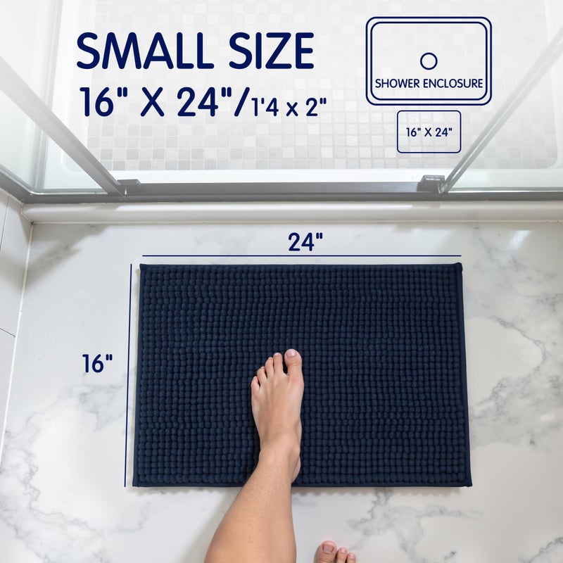 SUBRTEX Bathroom Rugs Chenille Bath Rug Soft Short Plush Bath Mat Soft Shower Mat Water Absorbent Shower Mat Quick Dry Machine Washable(Navy,16" x 24") - Image 2